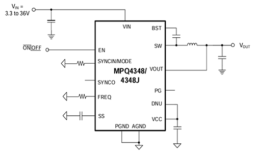 Application Circuit Diagram - Monolithic Power Systems (MPS) MPQ4348 AEC-Q100 Synchronous Step-Down Converters